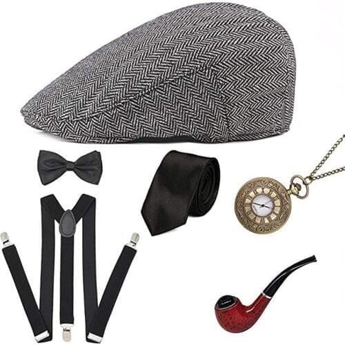 5 Pieces 6Piece 7PCS 1920s Mens Gatsby Gangster Costume Accessories Set 30s Manhattan Gangster Beret Y-Back Suspender Necklace