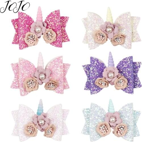 JOJO BOWS 76mm DIY Craft Supplies Candy Color Glitter Hair Bows Bling Hair Clips For Girl Unicorn Flower Hairpins Headwear Decor