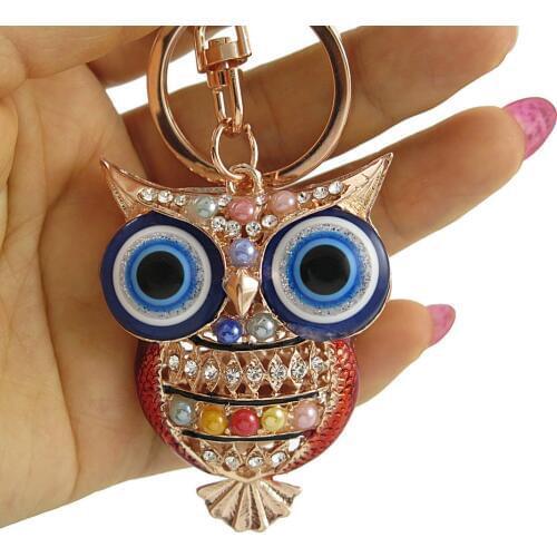 Evil Eye Owl Charm Keychain Colorful Crystal Beads Keyring Lobster Claw Clasp Gold Rhodium Alloy Car Keychain Lucky Gifts