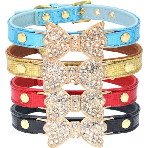 Pet Puppy Cat Dog Pink Bowknot Collar Adjustable Neck Strap Bling Rhinestone PU Leather Necklace Choker Home Pet Jewelry Decor