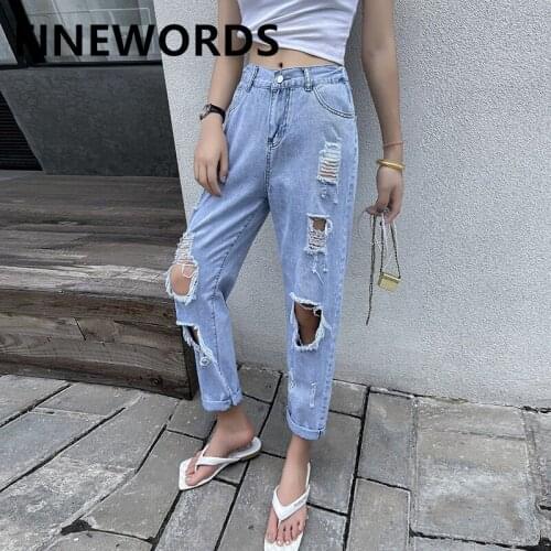 FINEWORDS Vintage Ripped Harem Boyfriend Jeans Women Korean Streetwear Punk Distressed Jeans Casual High Waist Plus Size Jeans
