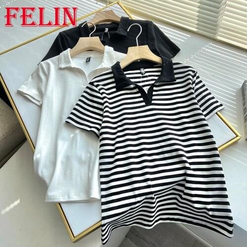 FELIN Za Casual Polo Women Tshirts Striped Print Summer Fashion 2021 Short Sleeve Shirts Women Chic Mujer Tops