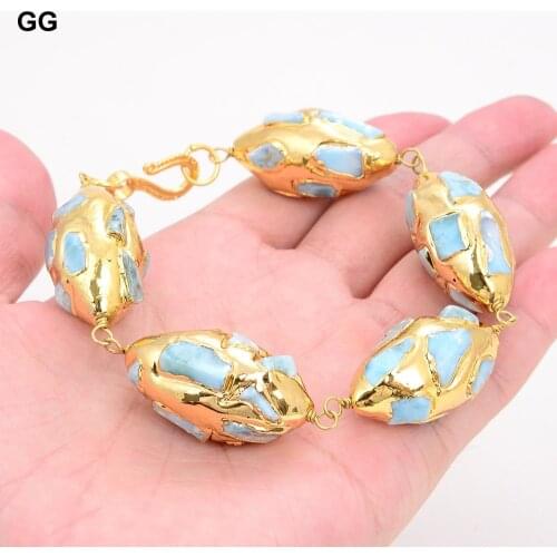 GuaiGuai Jewelry Natural Stone Natural Blue Larimar Gold Color Plated Olive shape Bracelet