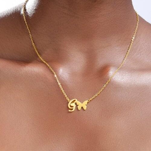 Cute Letter Butterfly Heart Necklace For Women Gold Color Stainless Steel Initial Letter Butterfly Necklace Boho Jewelry 2020