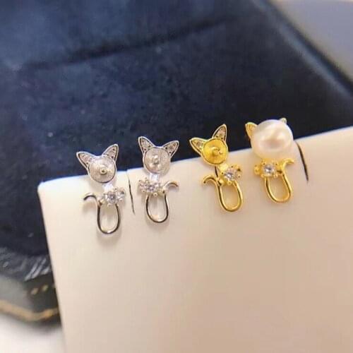 Cute Cat 925 Sterling Silver Earrings Findings Settings Base Mountings Parts Mounts for Coral Pearls Agate Crystal Stones Beads