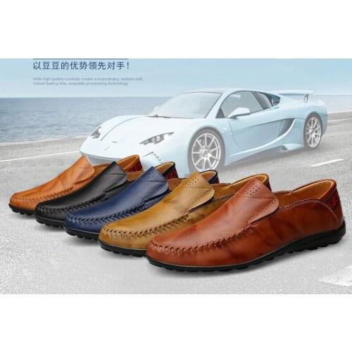 Mens shoes casual leather shoes spring and autumn cowhide set feet breathable driving shoes rubber sole soft upper shoegq
