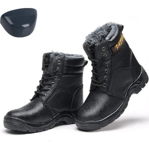 Winter Fur Warm Steel Toe Work Boot For Men Plus size Leather Ankle Non-slip Puncture Proof Safety Shoes High Quality Footwear