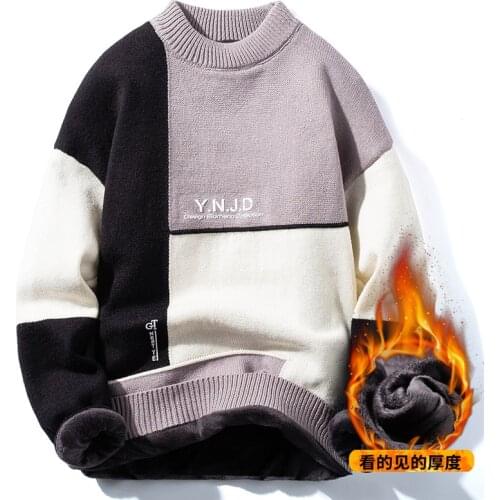 Winter Sweaters Men Fleece Thicken Warm Mens Pullover Cashmere Liner Casual Male Sweater Fashion Style Patchwork mens sweater