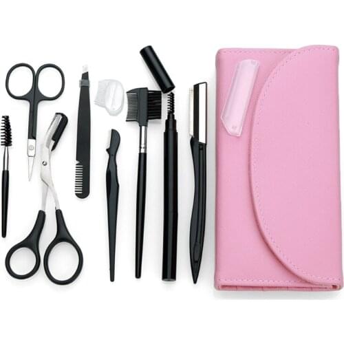 8Pcs Beauty Makeup Tool Set Eyebrow Trimmer Shaver Razor Brow Shaper Scissors Eyebrow Pen Brush Comb Face Tweezer for Make Up
