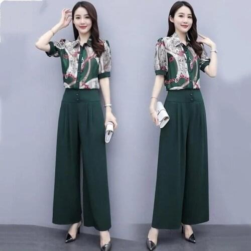 Single/Suit Fashion Ladies Chiffon Sets Women 2021 Summer Shorts Sleeve Shirt Wide-Leg Pants High-Waisted Two-Piece Suit