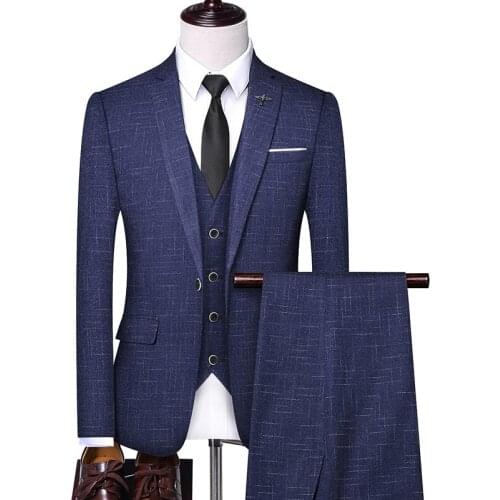 Jacket+Vest+Pants)Male Wedding Tuxedo Fashion plaid Groom Dress Blazers Coat Trousers Waistcoat Men 3 Pcs Set Slim Fit Suit 4xl