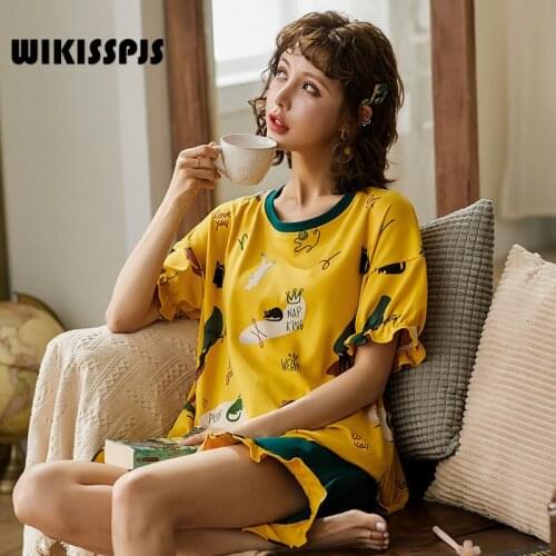 WIKISSPJS New Style Pajamas Womens Summer Short Sleeve Two Piece Suit Summer Korean Version Thin Home Clothes Lounge Wear