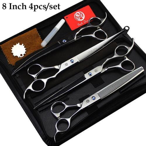 8.0 inch Professional Pet Grooming Scissors Curved Dog Shears Silver Cat Clipper Hair Cutting For Animals 4pcs/set