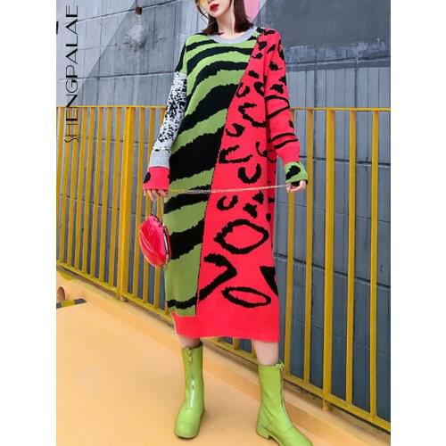 SHENGPALAE Fashion Minimalist Printed Derss Womens Autumn 2021 New Round Neck Loose Long Sleeve Mid-calf Dresses Female 5E2785