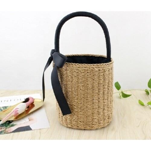 Cylinder Carrying Straw Bag Summer Holiday Leisure Bag Ribbon Woven Bag Portable Bucket