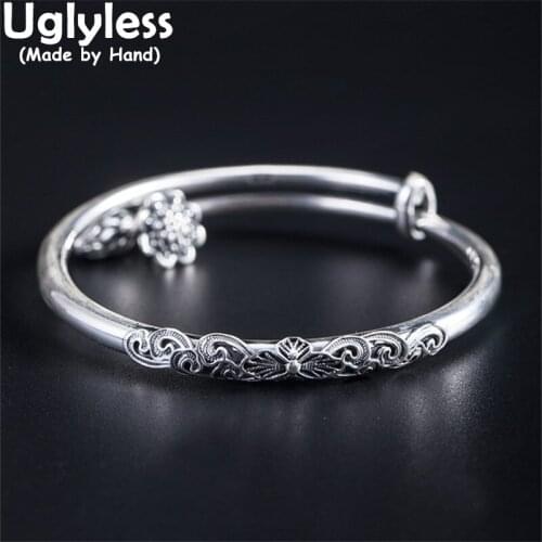 Uglyless Thai Silver Vintage Vines Bangles for Women Adjustable Push-pull 925 Silver Lotus Bangles Fashion Ethnic Lotus Charms