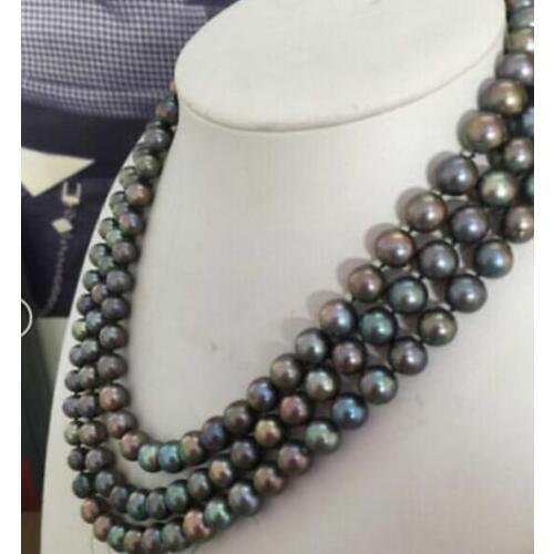 Triple strands 10-11mm Tahaitian Multicolor color pearl necklace17"-19" Yellow clasp