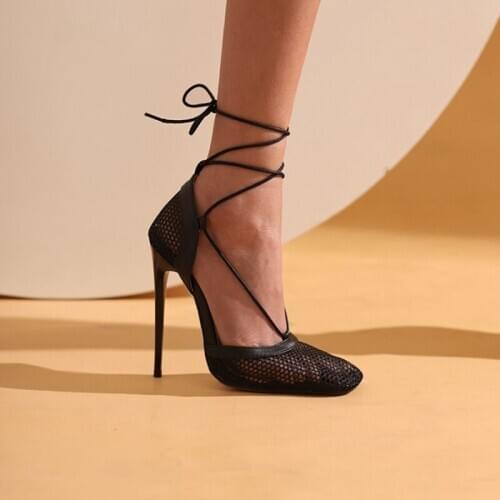 Sandals for Women 2021 Sexy Summer Square Toe Ankle Strap Party Mesh High Heels Pumps 12.5cm Stripper Heels Size 35-48 FV-121