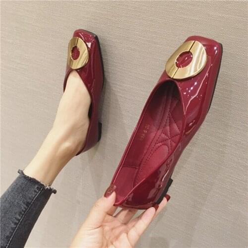 Europe Style 2021 Spring Newest Brand Women Shoes Patent Leather Metal Round Buckle Flats Square Toe Casual Ladies Loaferes