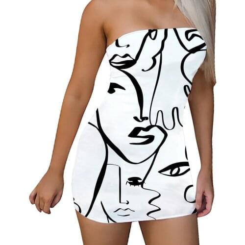 Summer Women Art Faces Sublimation Printing Bodycon Sundress Strapless Stretchy Sexy Off Shoulder Tube Dress