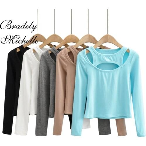 BRADELY MICHELLE 2021 Summer New Arrival Pure Color Round Neck Knitted Casual Fake Two-piece Low-cut Long-sleeved Top