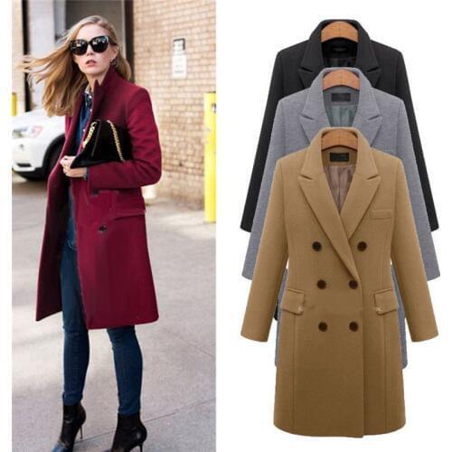 2019 Autumn Winter Women Lapel Neck Long Sleeve Casual Wool Blend Trench Woolen Coat Solid Button Long Outwear Overcoat