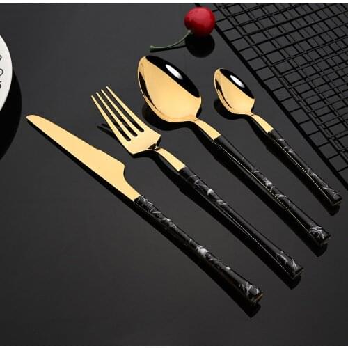 Gold Stainless Steel Tableware Glossy Wood Dinnerware Set Western Food Knife Fork Spoon Teaspoon Flatware Silverware Cutlery Set