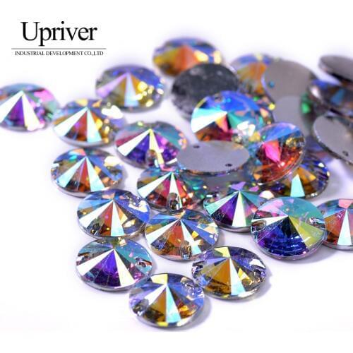 Upriver 100pcs/Lot Round Sew-on Resin Crystal AB Flat BackWith Holes Resin Sew on Rhinestone Beads Stone For Dress Garment Bag