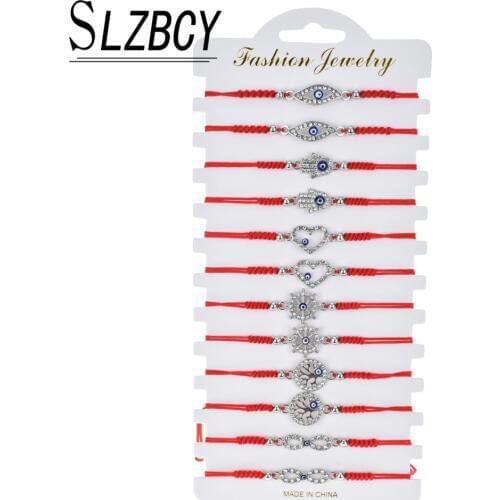 12pcs/set Handmade Braided Rope Adjustable Bracelets Set Tree of Life Hamsa Hand Infinity Rhinestone Wristband Women Jewelry