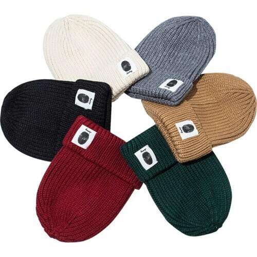 2020 Unisex Beanies Ins Hats for Women Knitted Hat Fingerprint Label Japanese Warm Woolen Cap Autumn Winter Thick Solid Color