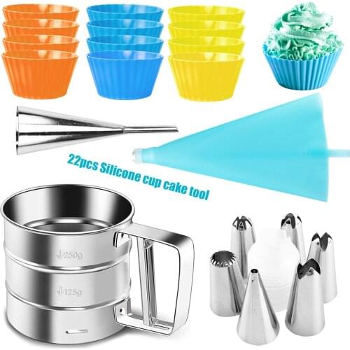 22PCS Baking Mold Set Stainless Steel Flour Sieve Silicone Cake Cup Piping Nozzles Pastry Baking Tools DIY Cake Mold Moulds Set