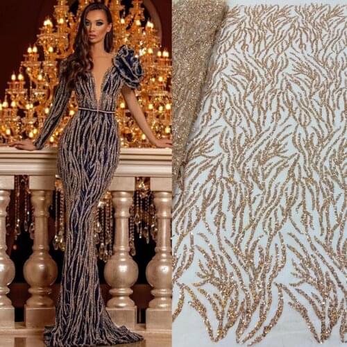 5yards/pc) Champagne gold tulle lace embroidered African French net lace with tube beads and sequins for party dress FRX024