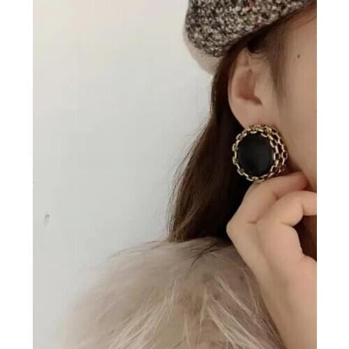 TIMEONLY Exaggeration Oversize Buttons Shape Alloy Chain Stud Earring Black Color Leather Blue Hairy Earrings for Women Girls