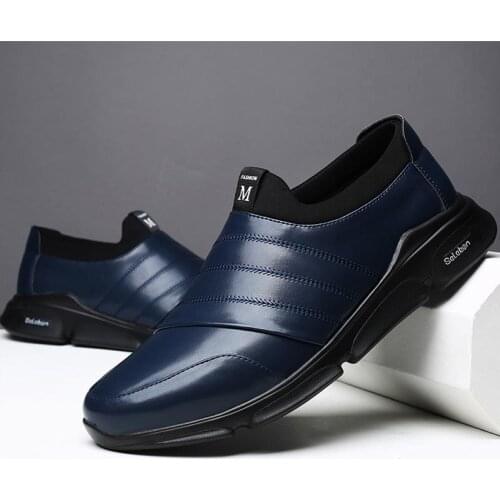 Big Size Spring Slip-on PU Leather Sneakers Men Running Shoes Man Sports Shoes for Kids Footwear for Sport for Men Blue GME-1217