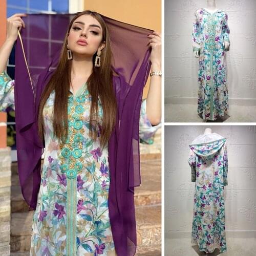 Dubai Kafan Floral Print Long Dress Women Elegant Arab Abaya Muslim Islamic Eid Ramadan Maxi Robe Moroccan Turkish Middle East