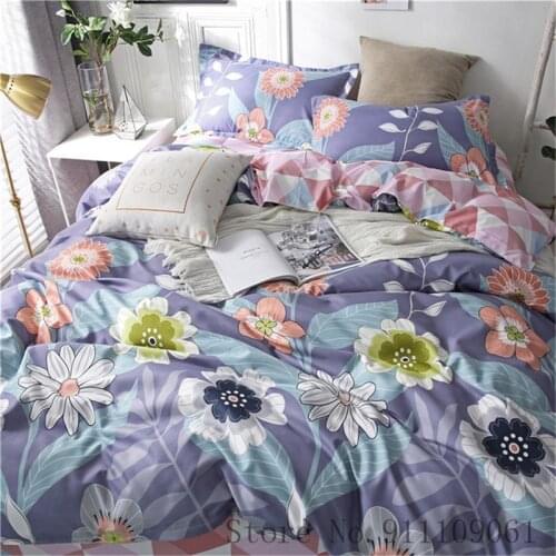 Home Textile Purple Flower Geometric Pattern Bedding Sets Duvet Cover Pillowcase Bed Sheet Children Adult Bed Linen Bedclothes