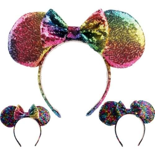 Feverbary Bow Rainbow Sequins Hairband Kids Girl Rat Ears Hair Band Children Halloween Show Accessories