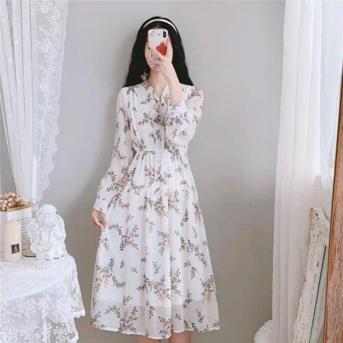 Ins Super Fairy Floral Dress Spring Autumn Chiffon Dresses Women Temperament Slim Bohemia Dress Long Sleeve French Dress New