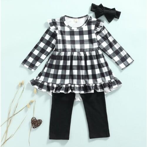 3Pcs Little Girls Outfit, Sweet Style Plaid/Solid Color Lace Splicing Wide Hem Long Sleeve Round Collar Tops + Pants + Headwear