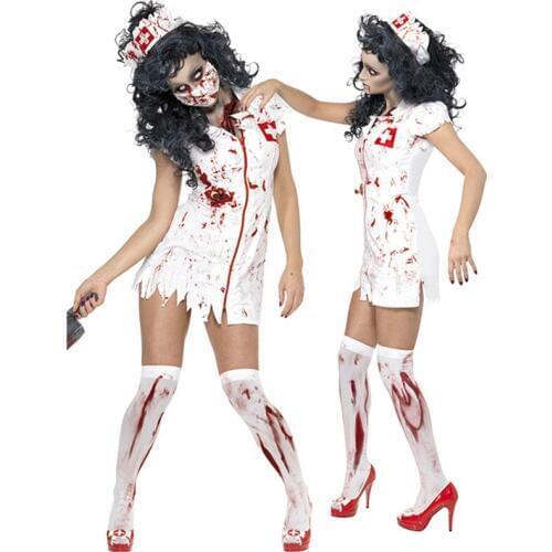 Halloween Costumes White Nurse Dress Zombie Cosplay Fancy Female Nurses Costumes Spooky Blood Splatter Costume
