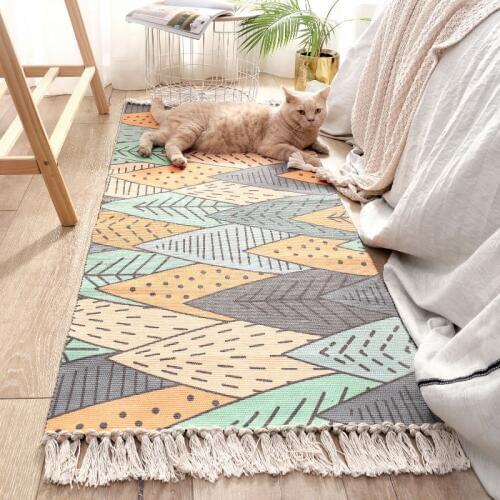 Carpets for Bed Room Nordic Manual Tassel Cotton Floor Mat Non-Slip Plaid Rugs Washable Alfombra Home Decoration Balcony Tapetes