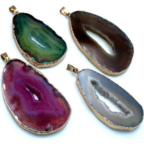 Hot multi-color necklace pendant natural color ag ate crystal cluster plating KC gold crystal hole pendant fashion jewelry