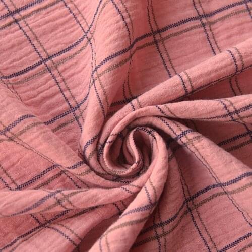 Mibai Deep Naked Powder Check Bubble Double-layer Cotton Pure Cotton Cloth Material Dress