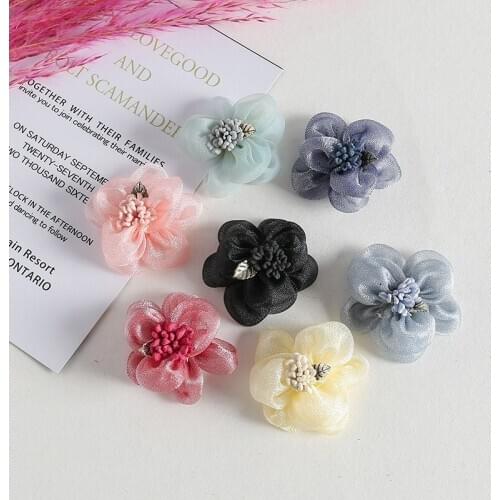 20 PCS Sweet Cloth Flowers With Stamen Connectors Charm DIY Hair Brooch Accessories For Jewelry Making