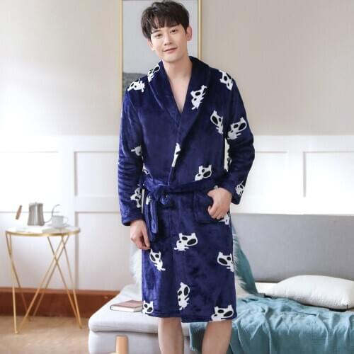 Mens Bathrobe Flannel Kimono Long Sleeve Robe Cute Cow Cartoon Print Pajamas Men Gown Bathrobe Men Homewear Masculina Bath Robe