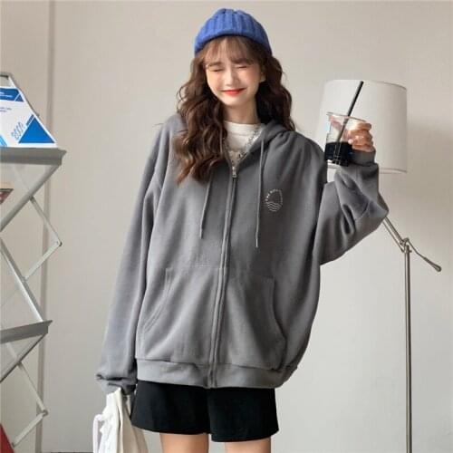 New Korean college style loose thin zipper hooded women student sweatshirt