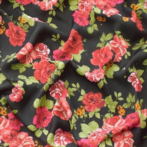 Onr meter Composite Satin Chiffon tissu Rose print on black background fabric Fashion dress clothing patchwork