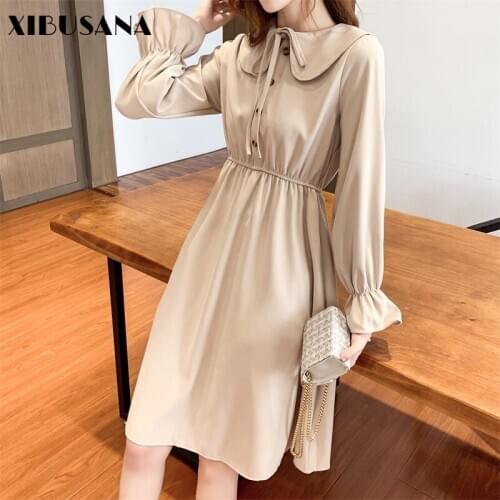 XIBUSANA 2020 Autumn Autumn Peter Pan Collar Women Dress Flare Sleeve Slim High Waist Female Solid Knee Length Dresses Vestidos