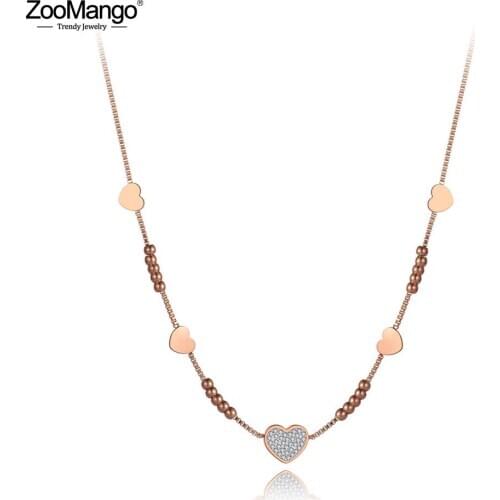 ZooMango New Stainless Steel Love Heart CZ Crystal Pendant Necklaces For Women Rose Gold Clay Rhinestone Choker Necklace ZN19175