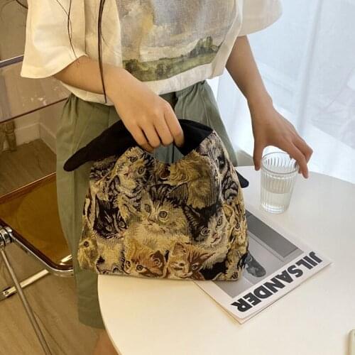 Youda Cat Portable Lunch Bag New Vintage Ins Big Ear Lunch Bags Tote Student Pouch Lunch Container School Food Storage Handbags